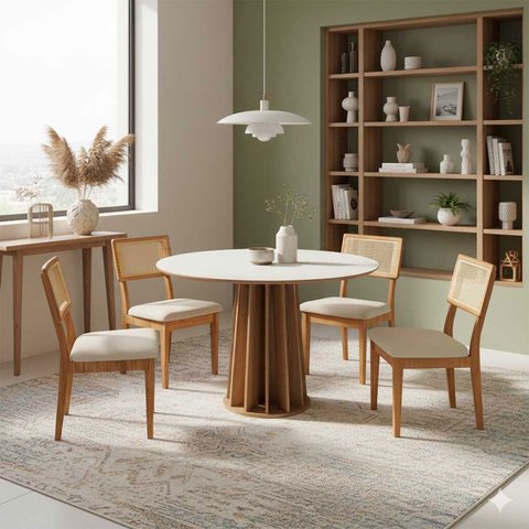 Mesa de Jantar Base Ripada 105cm com 4 Cadeiras 100% Mdf Cor:off White com Freijó e Courino Bege