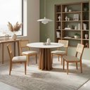 Ver imagem 1 de Mesa de Jantar Base Ripada 105cm com 4 Cadeiras 100% Mdf Cor:off White com Freijó e Courino Bege