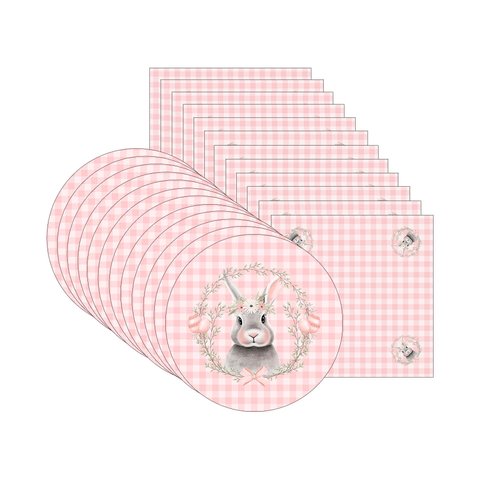 Kit Sousplat + Guardanapo Páscoa Rosa Xadrez - 12 Peças - com Base