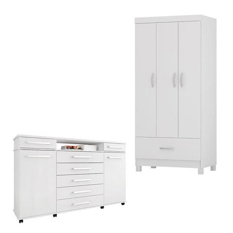Cômoda London e Guarda Roupa Solteiro Prince Branco - Demóbile