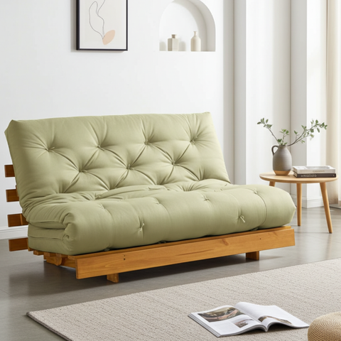Sofá Cama Casal Futon Tokio Bege Madeira Maciça Cor Mel