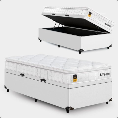 Cama Box Baú Solteiro Couro Branco + Colchão Life D33 Pillow Top 61x88x188cm Branco- e-Shop Casa