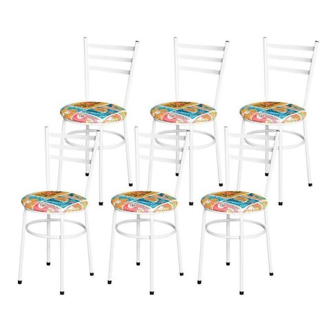 Conjunto 6 Cadeiras Epóxi Branca para Cozinha Assento Estampado Happy Hour