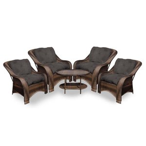 Conjunto de Poltronas Fibra Sintética Melo - 4 Poltronas + 1 Mesa Centro - Tecido Duna Marrom