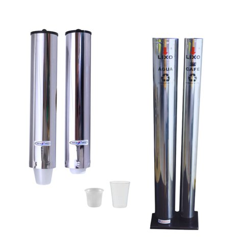Kit Suporte Porta Copo Descartável Água e Café + Lixeira Inox Duplo