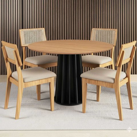 Mesa Jantar Redonda 105cm com 4 Cadeiras Estofadas 100% Mdf Cor:freijó com Preto Fosco e Courino