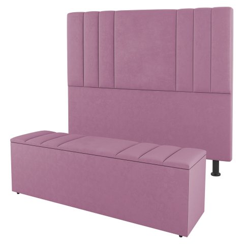 Kit Cabeceira e Baú Cama Box Queen Size Grace 160cm Suede Rosa - Desk Design