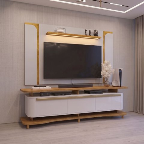 Rack com Painel para TV até 75 Polgadas com LED Pés Madeira Maciça Guarapari Espresso Moveis