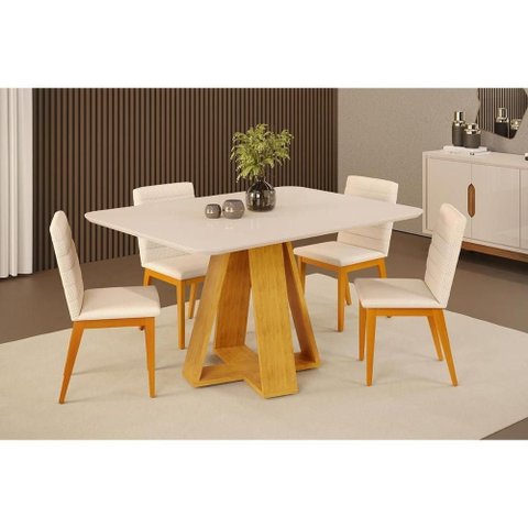 Conjunto: Mesa Sala Jantar Celeste C/ Tampo Madeirado C/ Vidro Curvo 120x90cm e 4 Cadeiras Sofia