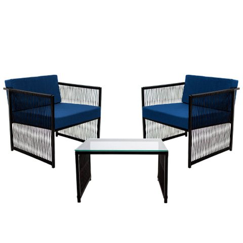 Conjunto de 2 Poltronas em Fibra Sintética e Mesa de Centro Quadrada com Tampo de Vidro Santiago