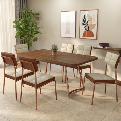 Conjunto Sala de Jantar Belle 6 Lugares Tampo MDF Estrutura Aço Rosê 170cm Móveis Carraro