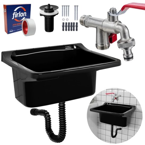 Tanque de Plástico 40l Preto + Torneira Duas Saídas + Sifão Universal 61cm Preto + Veda Rosca