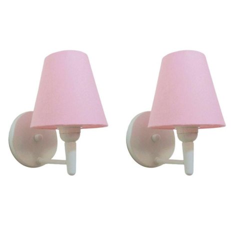 Kit-2 Arandela Cone Md-2004 Base Branco Cúpula em Tecido 14-14x07cm Rosa Tela - Bivolt