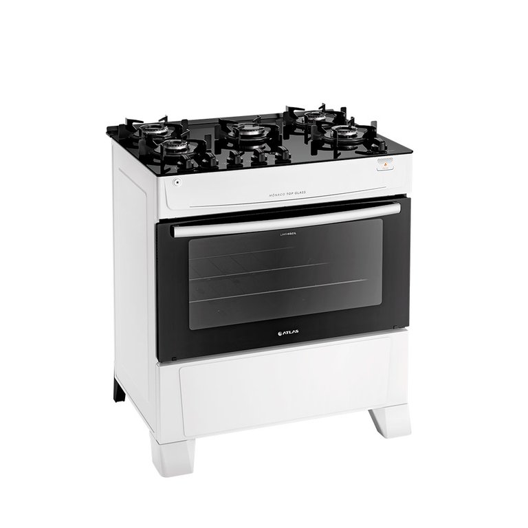 Fogão Atlas Mônaco Top Glass Piso 5 Bocas Mesa de Vidro Branco Bivolt 300000710