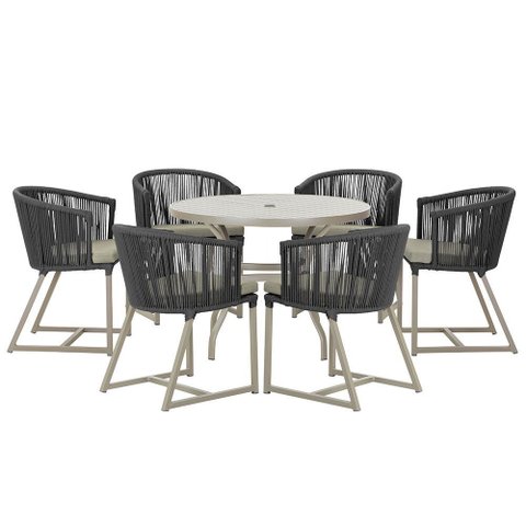 Mesa com 6 Cadeiras de Jantar Roma 120cm e Noronha em Alumínio Fendi Corda Náutica Estofado 8 Trama