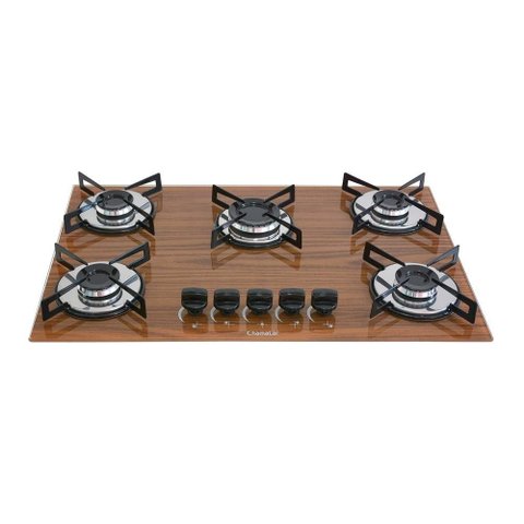 Cooktop Chamalar Bivolt Premium 5 Bocas Ultra Chama Vidro Temperado Amadeirado Escuro