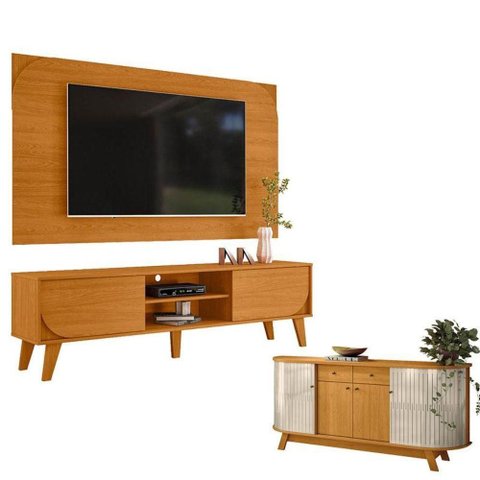 Rack Bancada e Painel para Tv Duna Cinamomo com Aparador para Sala Buffet Mônaco Cinamomo Off White