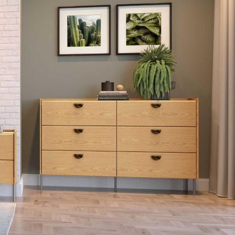 Cômoda 6 Gavetas C/ Puxador Orgânico e Pés em Metal 100% Mdf Cor:carvalho Mel com Reali