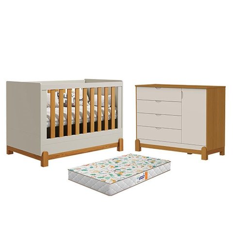 Berço Americano Lótus Liso Areia Savana com Cômoda Sapateira Lótus Liso Areia Savana e Colchão Gazin