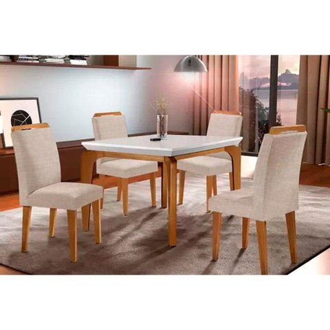 Conjunto: Mesa Sala Jantar Londrina Tampo Madeirado c/ Vidro 120cm + 4 Cadeiras Athenas Imbuia/Linho