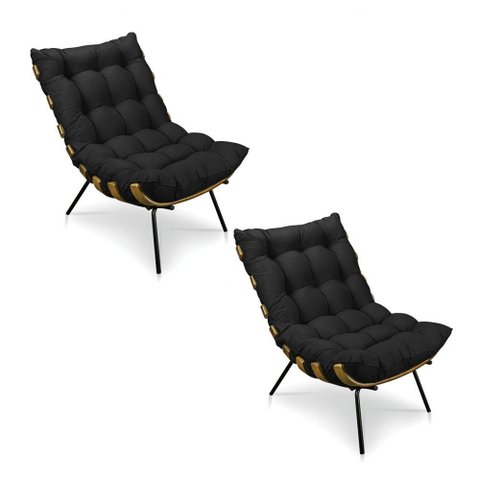 Kit 2 Poltronas Costela Suede Preto Base Metálica Pallazio