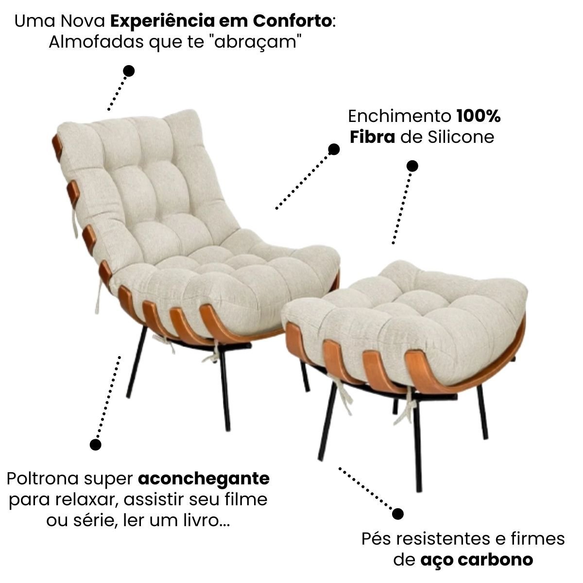 Poltrona Costela com Puff Linho para Sala Quarto Luxo: Poltrona Costela e Puff Linho Bege Claro - 5