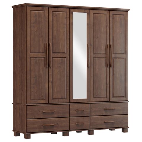 Guarda-roupa Bipartido 5 Portas 6 Gavetas Ouro Café Madeira Pinus - Finestra