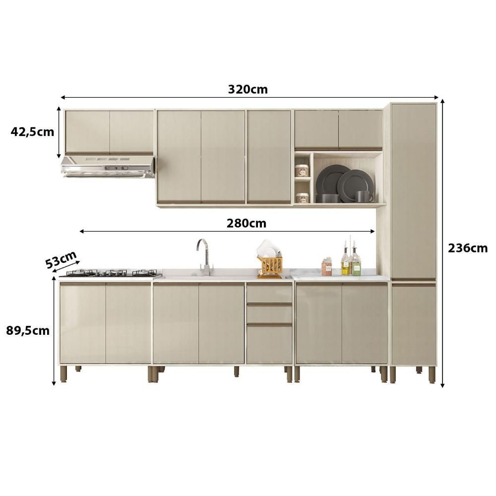 Armário de Cozinha Completa Linea 320cm Paneleiro e Nichos Cor
