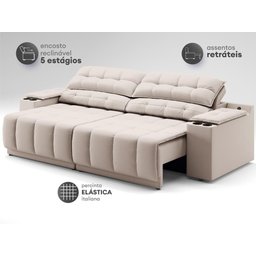 Sofá com Porta Copos Carregador Usb Ret Rec Samurai 2,00m Velosuede Areia - Netsofas - 5