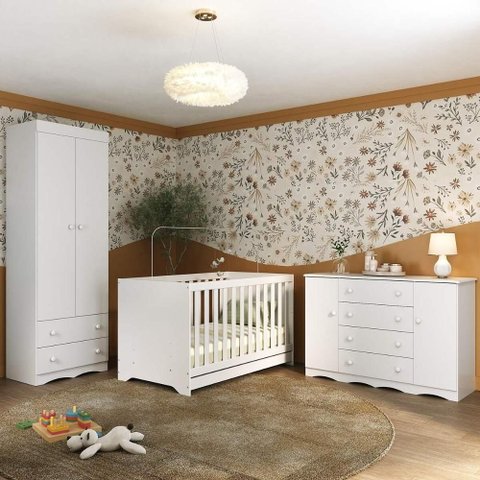 Quarto de Bebê Completo com Berço Americano 3 em 1 Realeza Multimóveis Mp4595 Branco