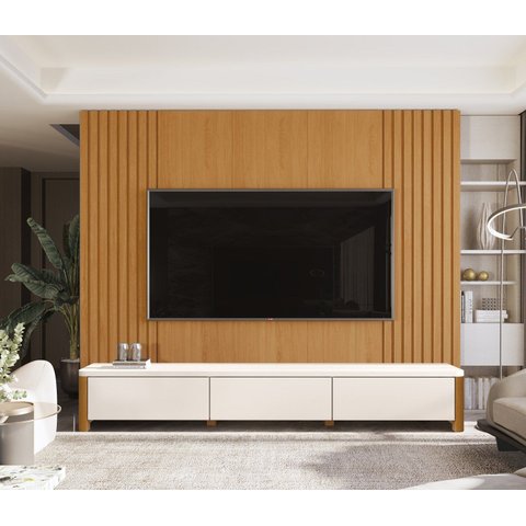 Rack Monaco com Painel Sierra para TV até 75 Polegadas 3 Gavetas Ripado MDF/MDP Pés em Madeira