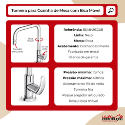 Torneira de Mesa para Cozinha com Bica Móvel 90° e Arejador Articulado Nexo Metal Cromado - Roca - 3