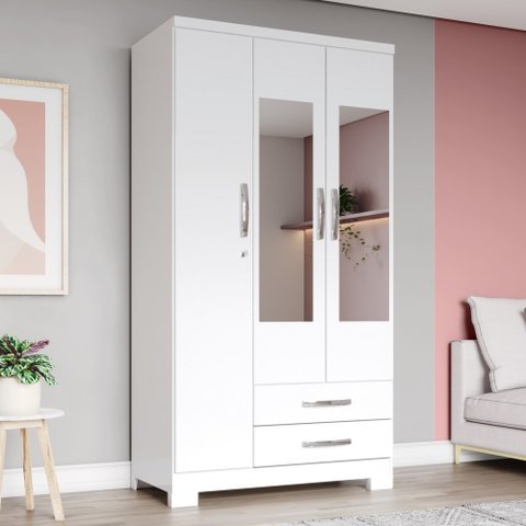 Guarda-roupa Solteiro Açaí 3 Portas 2 Gavetas com Espelho Flex Branco e Branco/rosa Chá - Henn