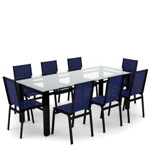 Sala Jantar Retangular 8 Lugares Alumínio Preto Tela Azul