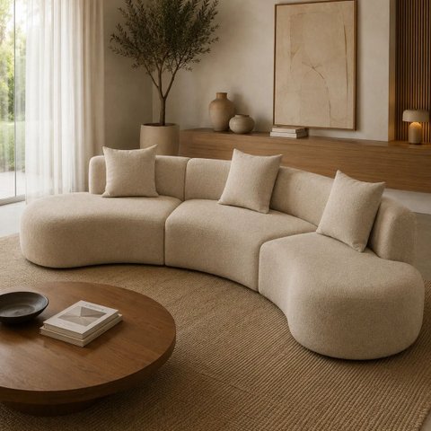 Sofá Modular Curvo 360cm Orgânico Virginia Bouclé Cappuccino