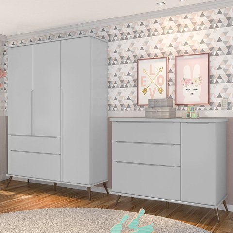Jogo de Quarto Infantil Guarda Roupa e Cômoda 100% Mdf Melinda Cinza - Phoenix Phoenix Baby