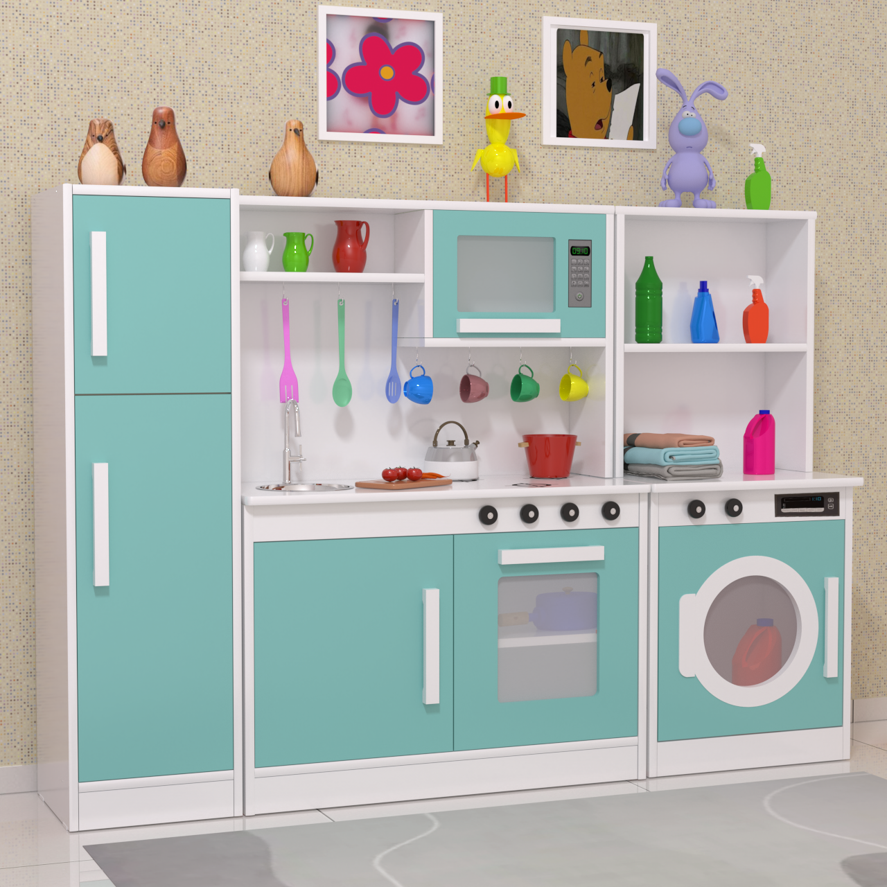 Kit Mini Cozinha Infantil com Geladeira Lavanderia Menta Mdf - 6