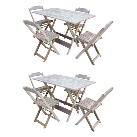 Kit 2 Conjuntos de Mesa com 4 Cadeiras de Madeira Dobrável 120x70 sem Pintura/Crua