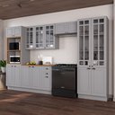Ver imagem 1 de Cozinha Modulada 5 Peças Torre Quente Cristaleira Balcão com Tampo e 2 Aéreos 100% MDF com Vidro e Rodapé Bari Cinza/Titanio Fosco