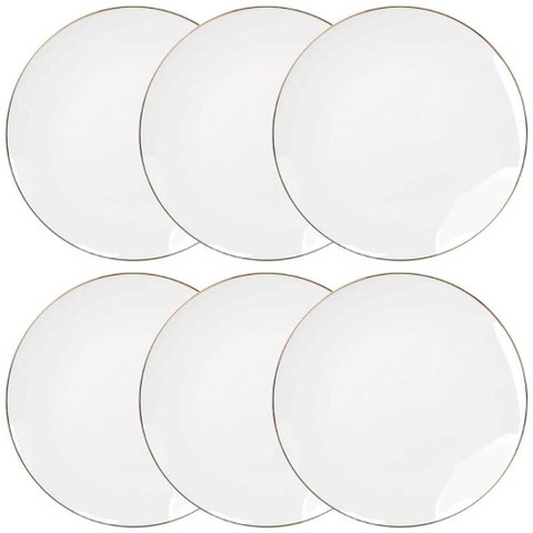 Jogo de Pratos 6 Pçs 27cm Raso Branco Porcelana Legacy Gold