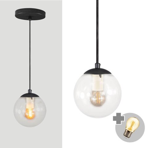 Pendente Preto C/ Globo de Vidro Cristal de 14cm + Led 2w