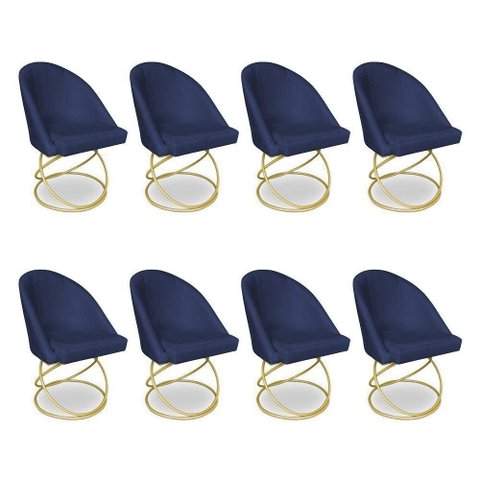 Kit 08 Cadeiras Poltrona de Jantar Bela Veludo Azul Marinho Base Metálica Luxo Dourado - Pallazio