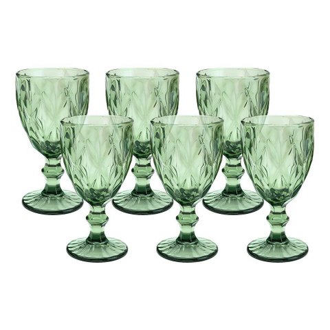 Jogo 6 Taças de Vidro Diamond Diamante Verde 300ml Água Class Home