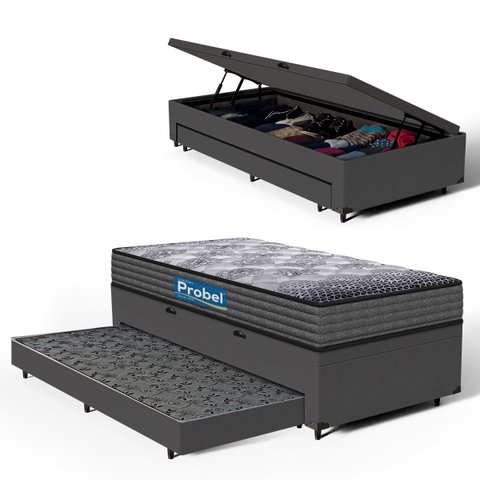 Cama Box Baú com Auxiliar + Colchão de Espuma D60 Double Face Comfort Force Probel Solteiro 88cm