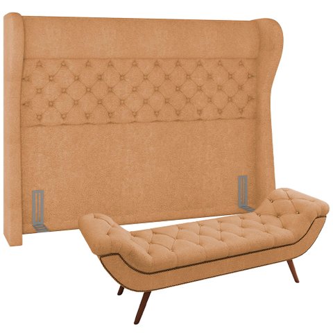 Kit Cabeceira Cama Box Queen 160 Cm Madrid com Puff Recamier Santorini Bouclê Mostarda - Lyam Decor