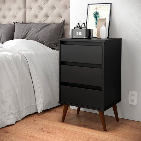 Mesa de Cabeceira Retro 3 Gavetas Preto Wood e J
