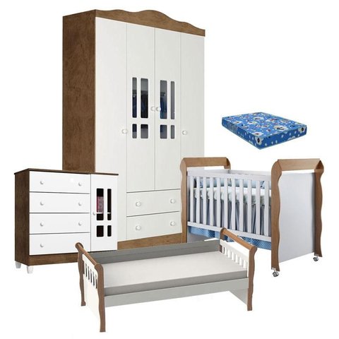 Quarto de Bebê Ariel 4 Portas Berço Mirelle com Colchão e Cama Babá Julia Branco Acetinado Amadeirad