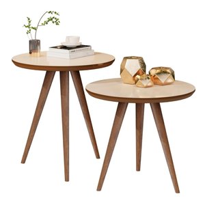 Conjunto Mesa Lateral Sofá Sala Pés Palito - Off White/freijó