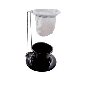 Kit Café Gourmet Xícara Pires Esmaltada Preto e Mini Coador e Suporte Panache