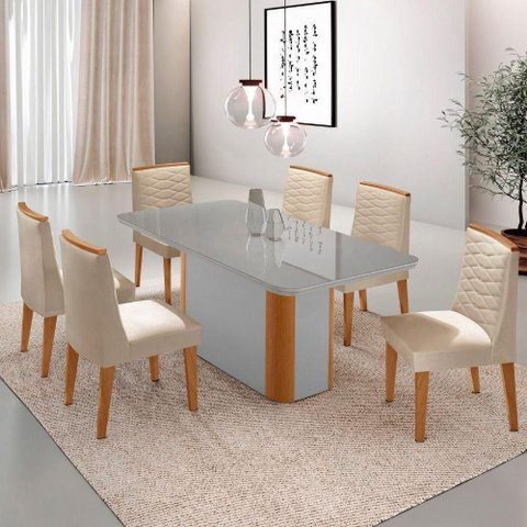 Mesa de Jantar Isadora 180cm Tampo MDF Vidro com 6 Cadeiras Veludo Creme Off White Naturale